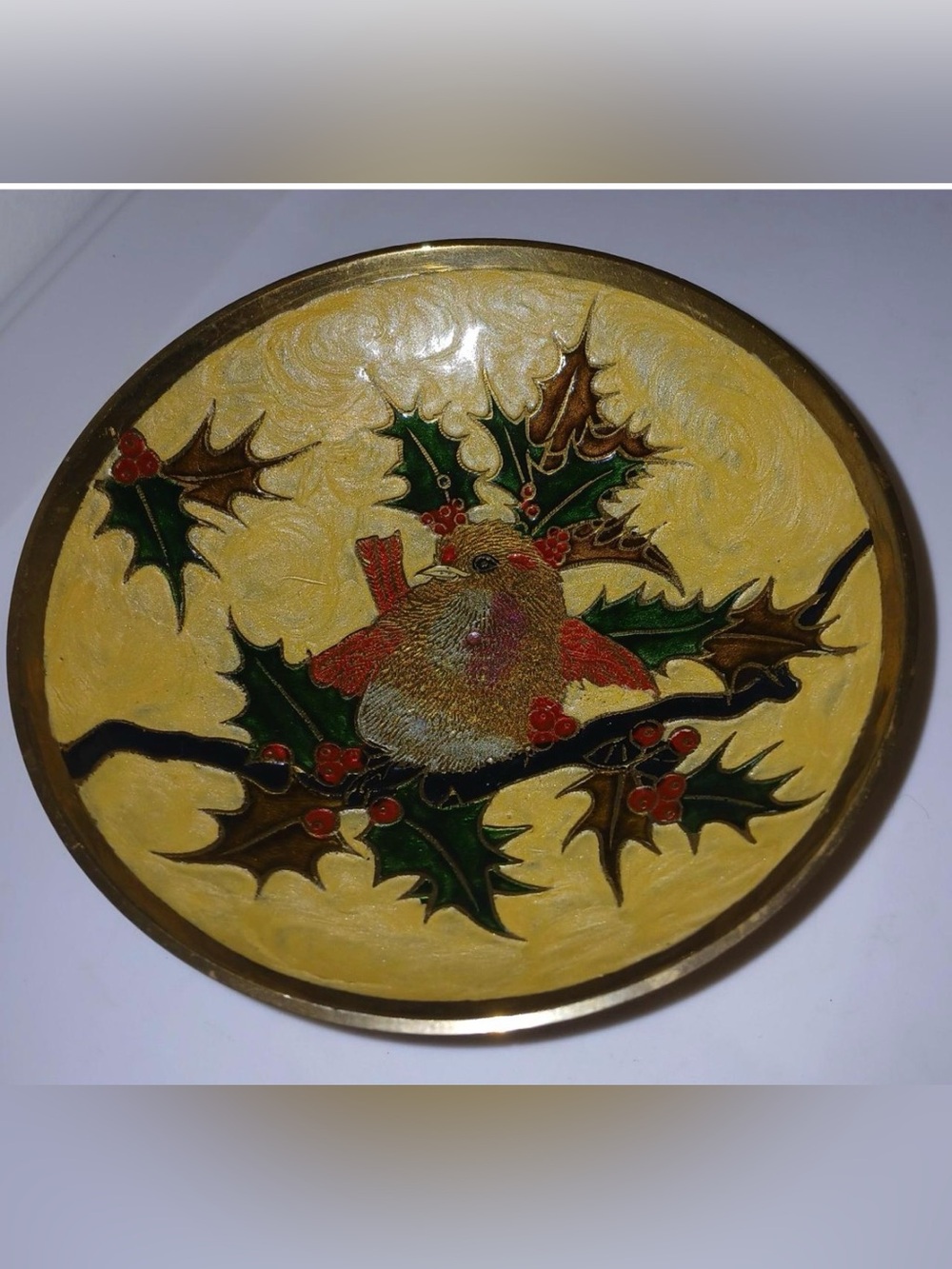 CLOISONNE enameled BRASS footed bowl trinket dish w birds & Holly Christmas